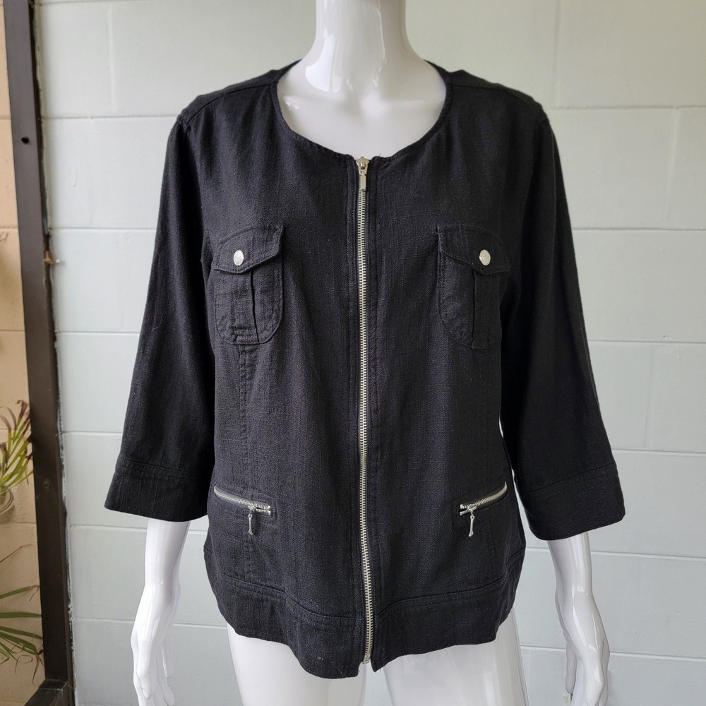 EUC 212 Collection Zip Jacket Black Women's XL Utility Minimalist Linen Blend